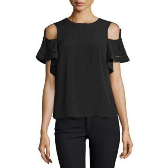 REBECCA TAYLOR Black Crepe Cold-Shoulder Short Sleeve Top Sz 8 - Picture 1 of 8